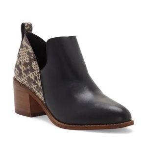1. STATE Idania Snake and Black Leather Block Heel Ankle Booties